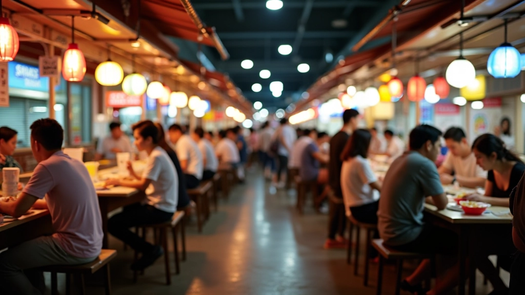 Bustling hawker centre with multiple food stalls and diners enjoying meals together