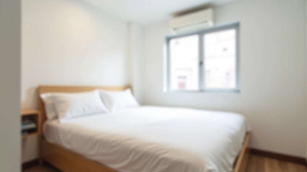 Compact HDB flat bedroom showing double bed, storage unit, and small window with natural light