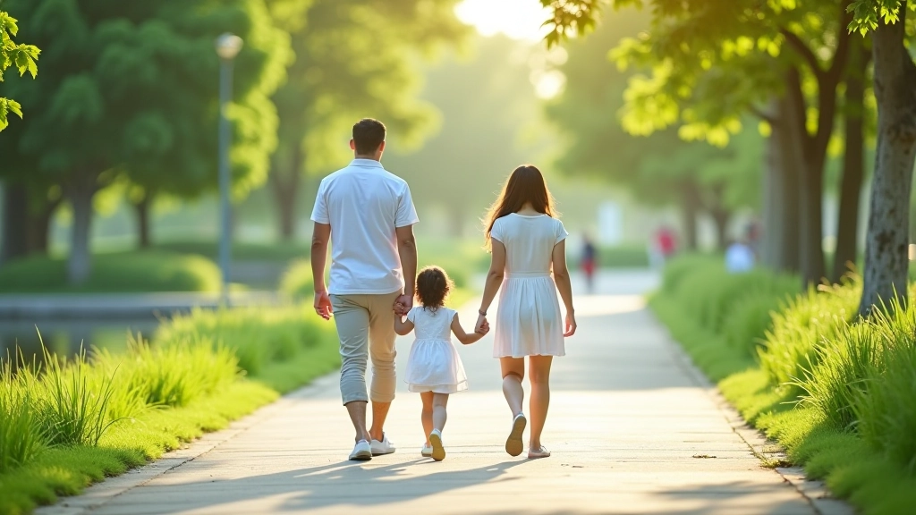 Family enjoying time at a waterfront park with walking paths and landscaped green areas