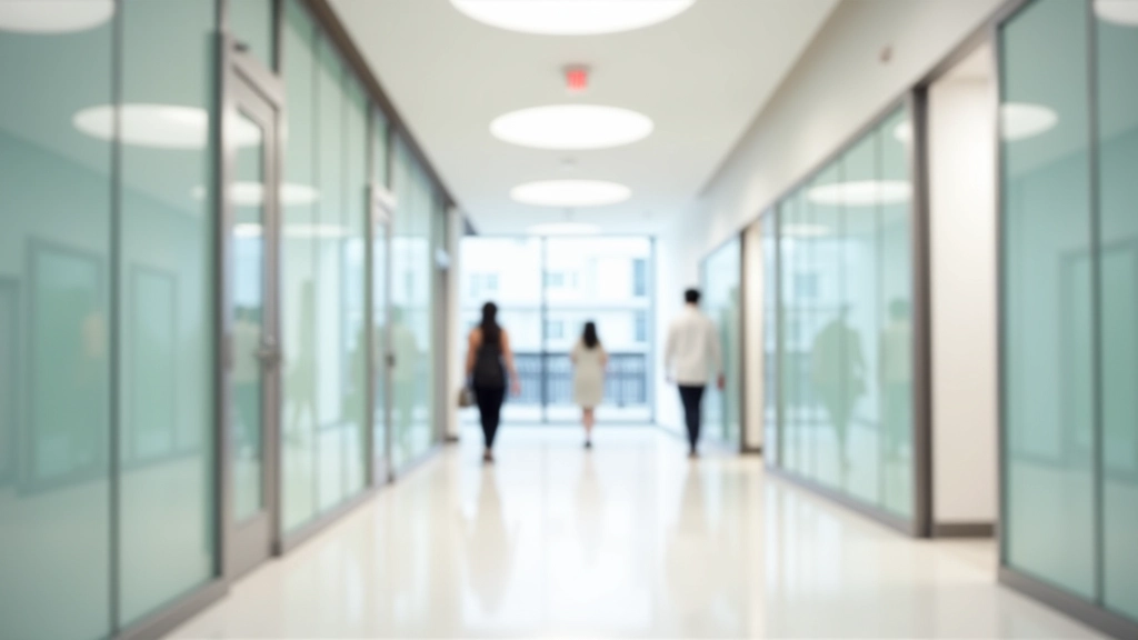 Modern HDB flat entrance with glass doors and residents walking through corridor