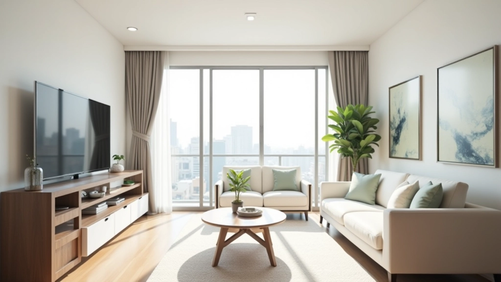 Interior view of modern HDB flat living room with natural lighting and contemporary furnishings
