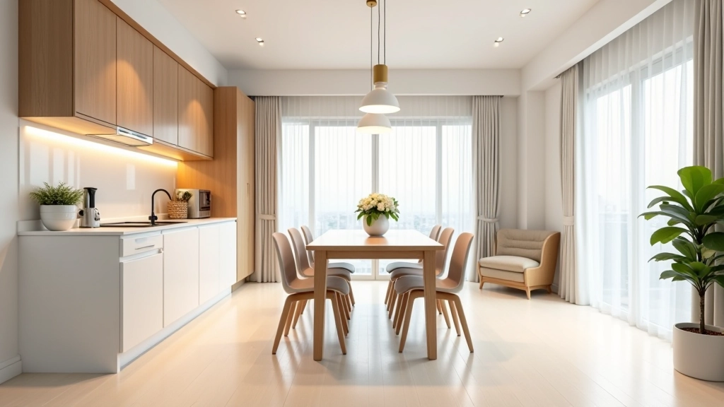 Spacious HDB 3-room flat kitchen with modern appliances and dining area, bright and airy design