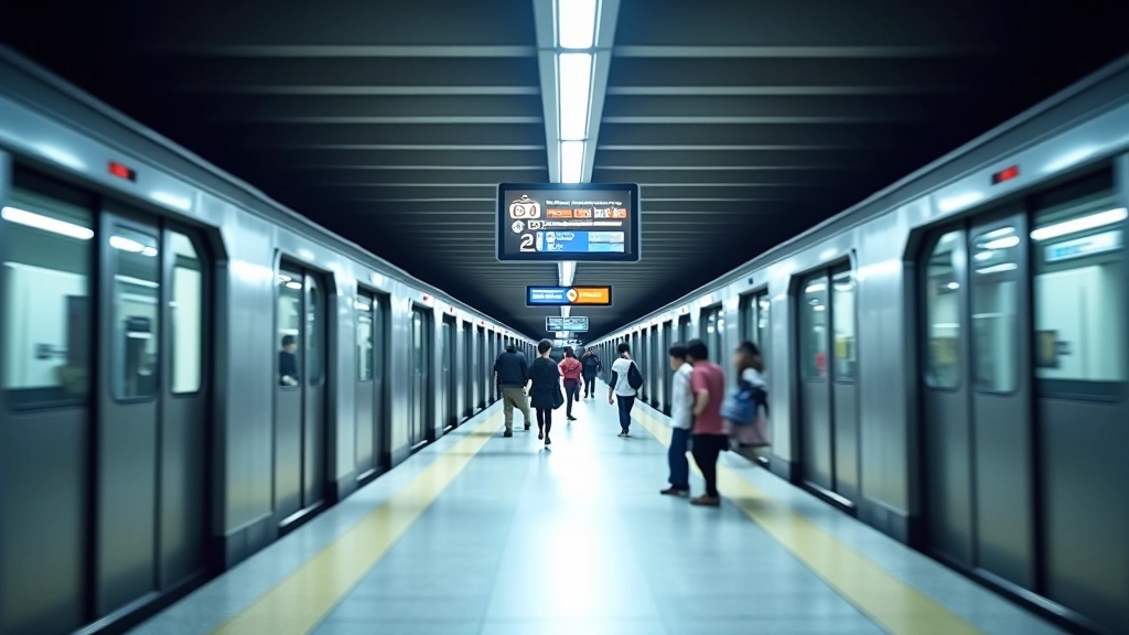 Modern MRT station platform with clear signage and passengers waiting on the platform