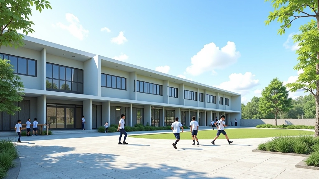 Modern school building with sports facilities and outdoor playground area