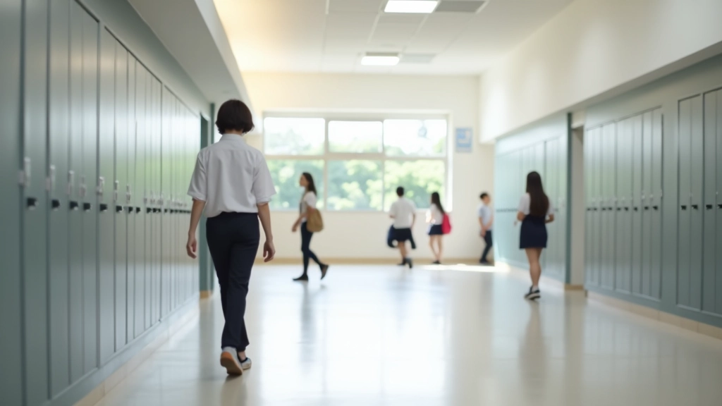 Modern school corridor with student lockers, bright hallway with contemporary design