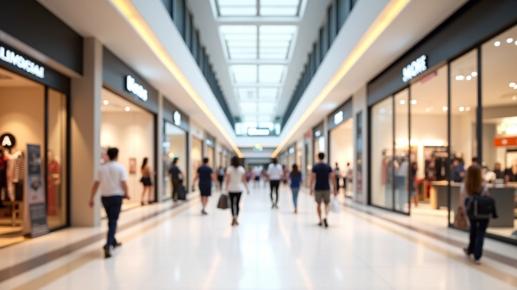 Modern shopping mall corridor with retail stores and clear signage displaying various brands