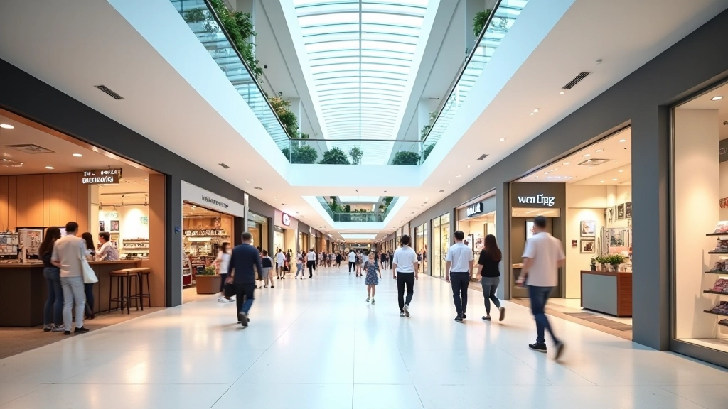Shopping mall interior with stores, restaurants and visitors on multiple levels