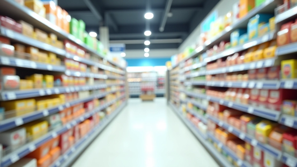 Organized supermarket aisle with shelves stocked with packaged foods and grocery items