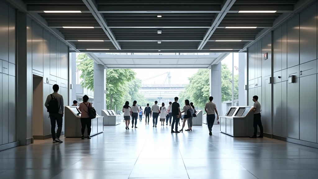 MRT station entrance with commuters and modern infrastructure