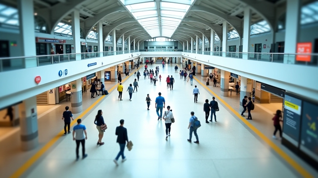 Overhead view of busy MRT station with passengers and directional signage