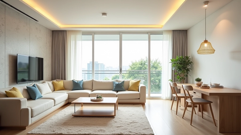 Large HDB 4-room flat living and dining area with ample natural light, spacious layout with modern furnishings