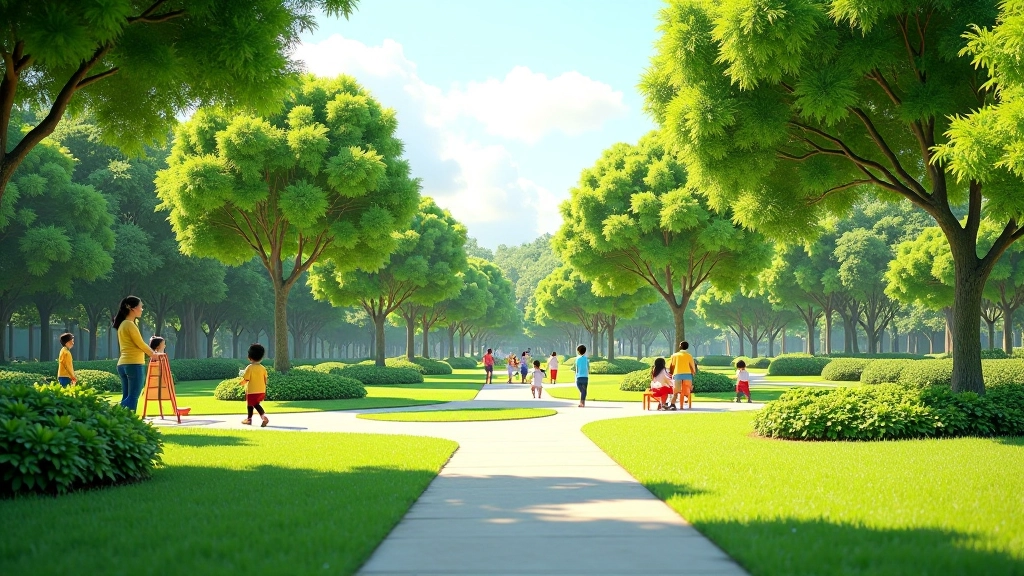 Suburban park with landscaped green areas, walking paths, and recreational facilities