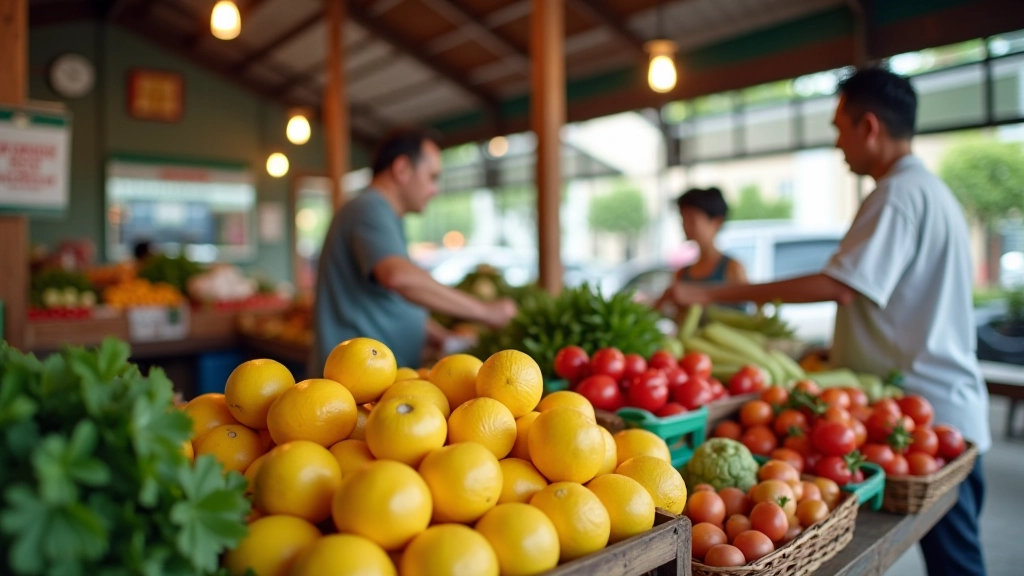 Traditional wet market stall with fresh vegetables, herbs and produce displayed on shelves