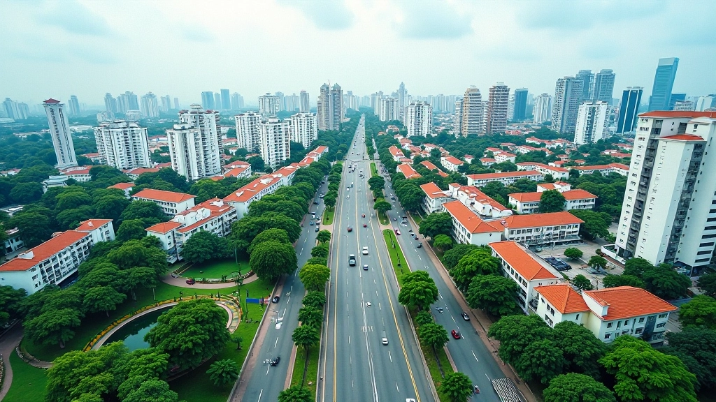 Aerial view of Singapore residential neighbourhood with buildings, transport, and amenities